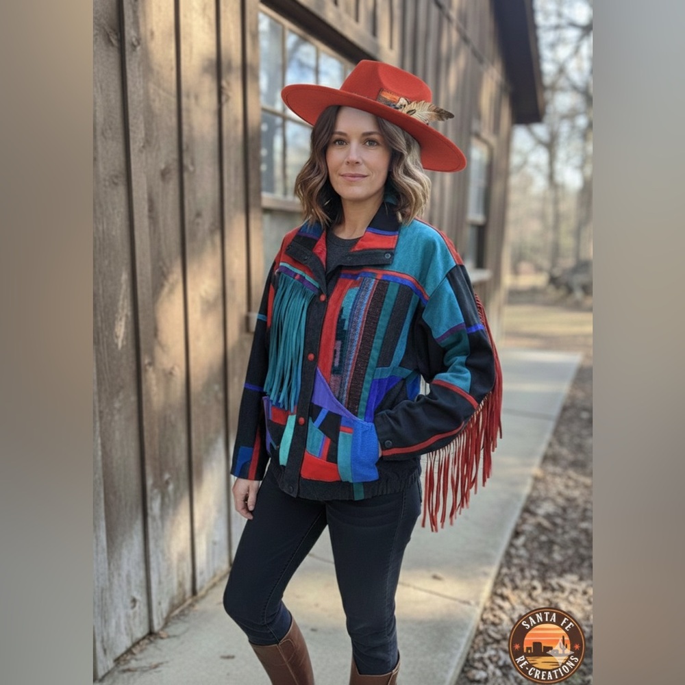 Vintage Santa Fe Re-creations Hand Painted Leather Fringe Southwestern Jacket